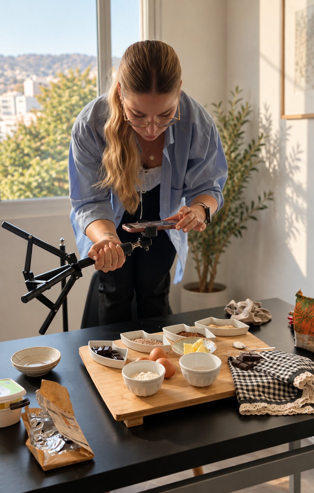 Criadora de conteúdo a filmar ingredientes com o smartphone num tripé para as redes sociais da sua marca